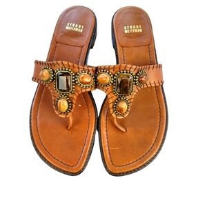 Stuart Weitzman BOHO Beads & Gems Accent Thong Slide Flat Sandal size 7.5